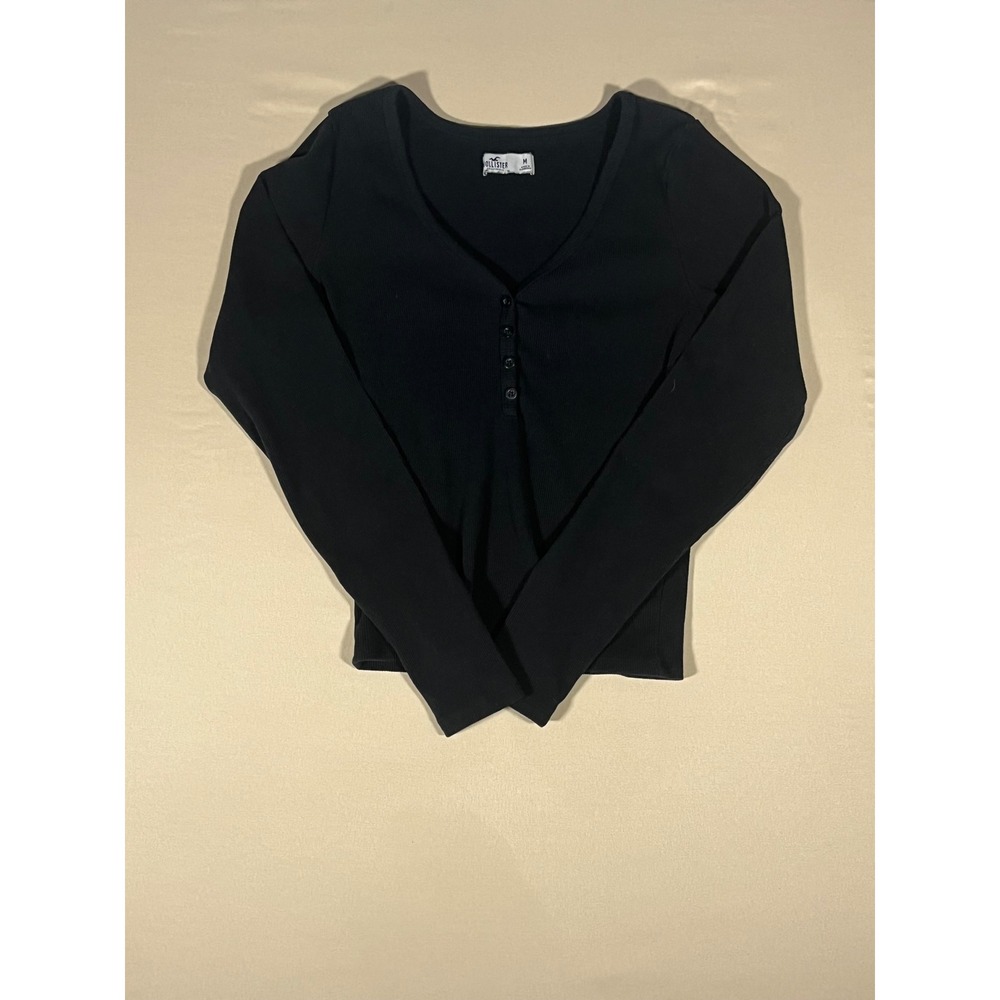 Hollister Womens Black Ribbed Long Sleeve Henley V-Neck Top Size M